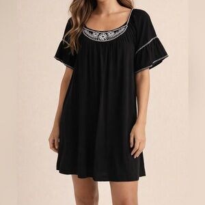 Max Studio Black Dress Flutter Sleeves White Floral Embroidery Boho Size M